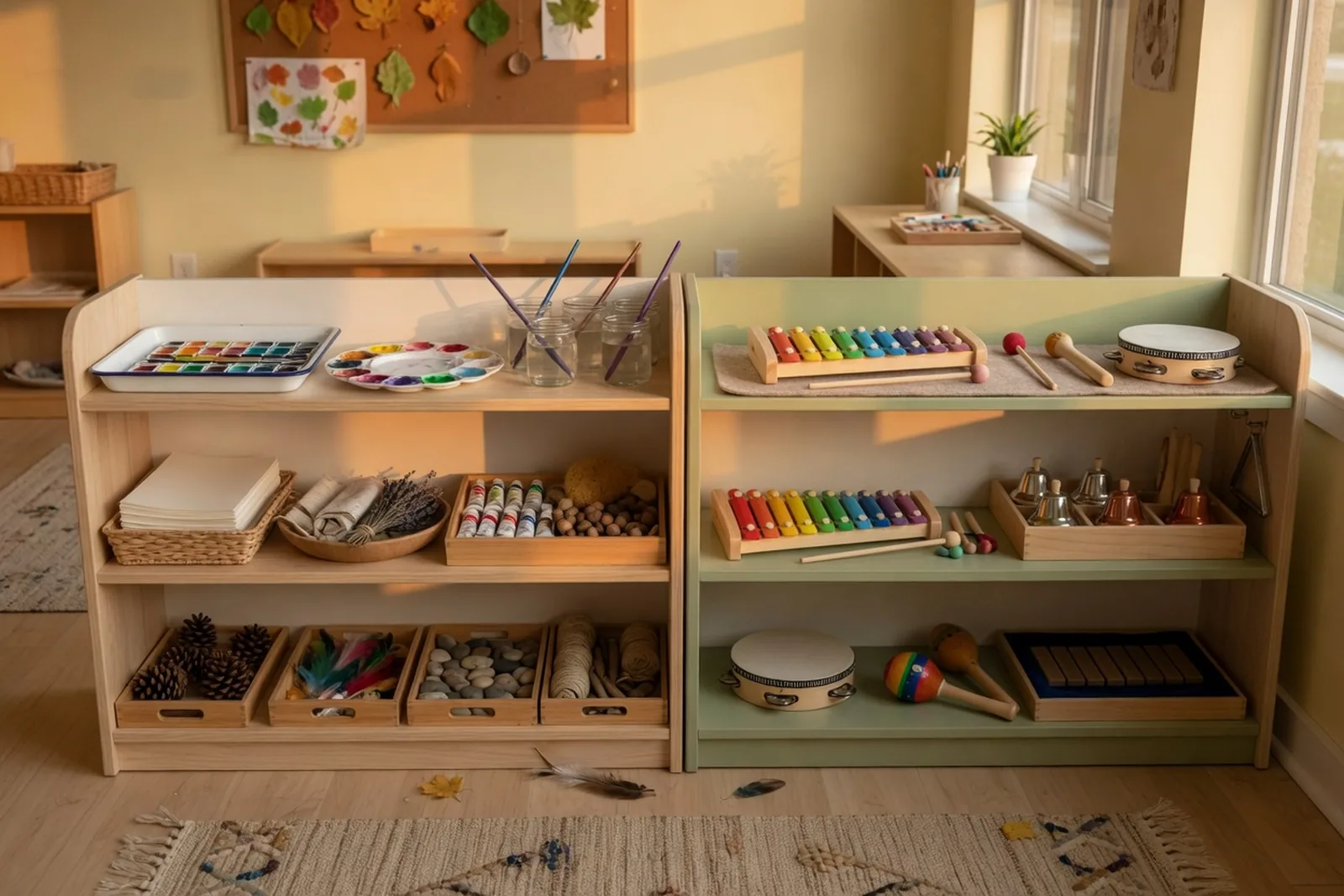 Art supplies sorted into baskets and trays on a low wooden shelf