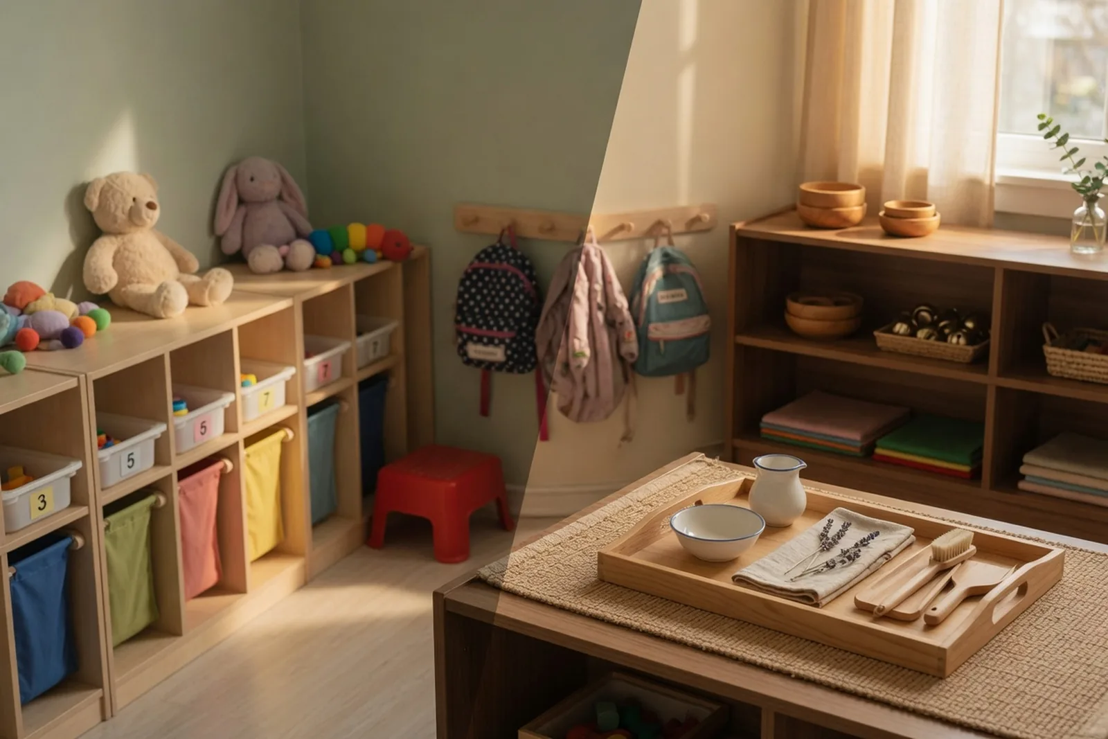 Prepared toddler classroom with low tables and shelves