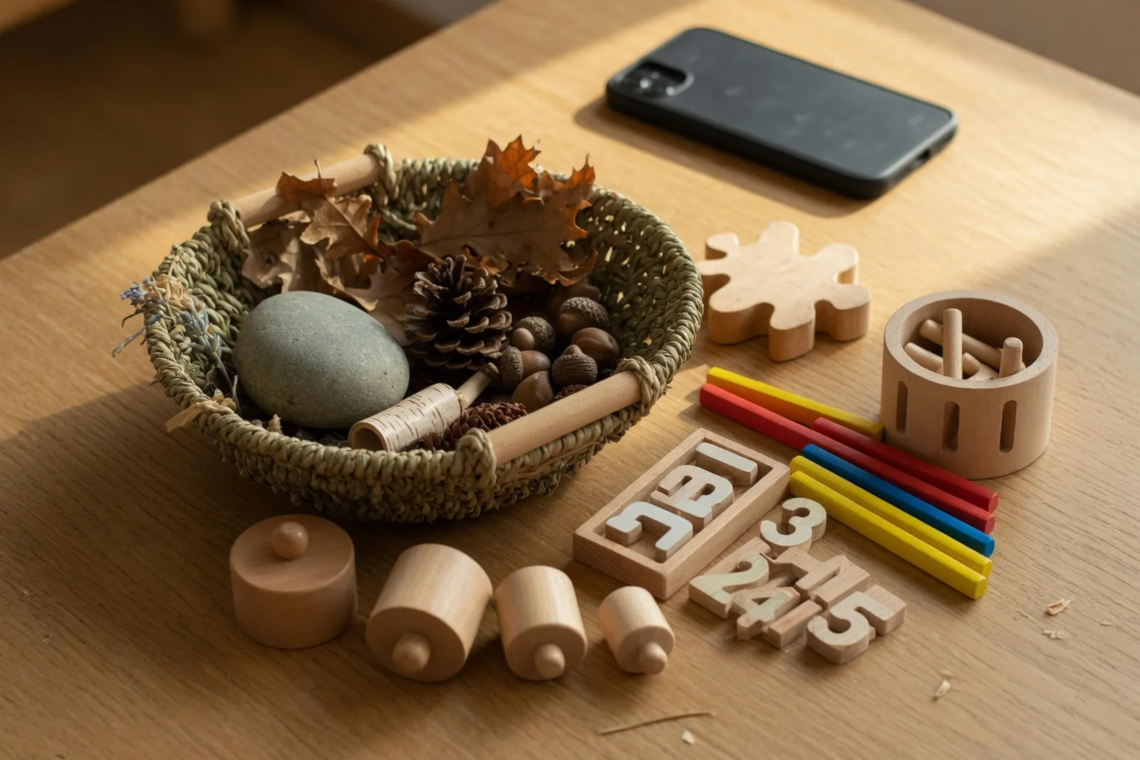 Wooden puzzles and books arranged on a low shelf