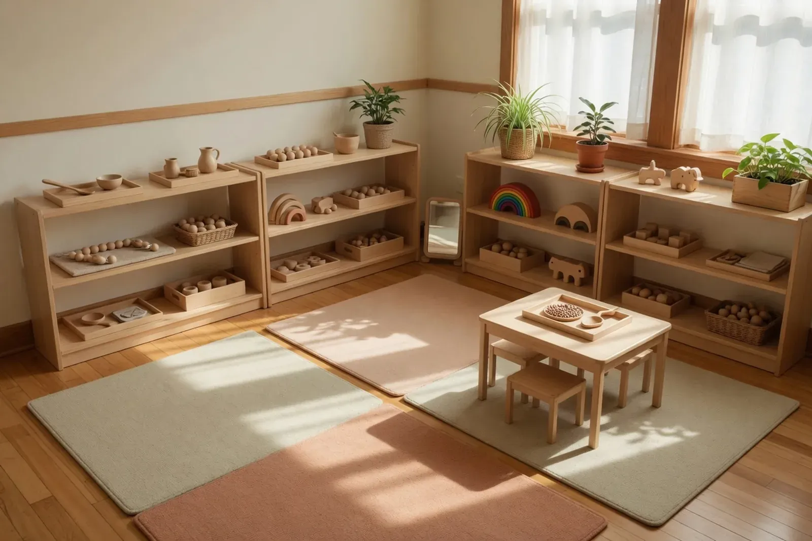 Toddler materials on a low classroom shelf