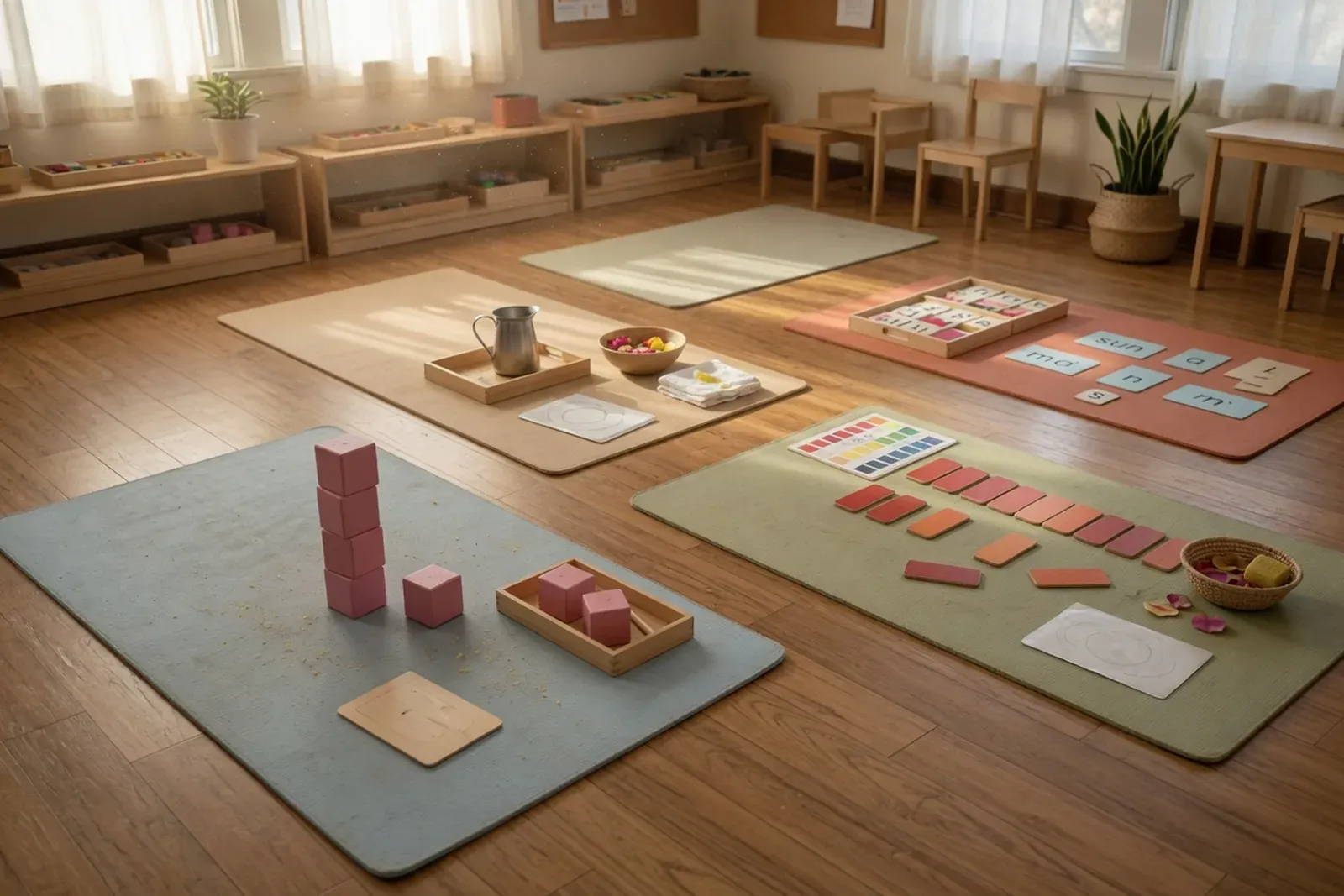 Montessori classroom with children engaged in independent work