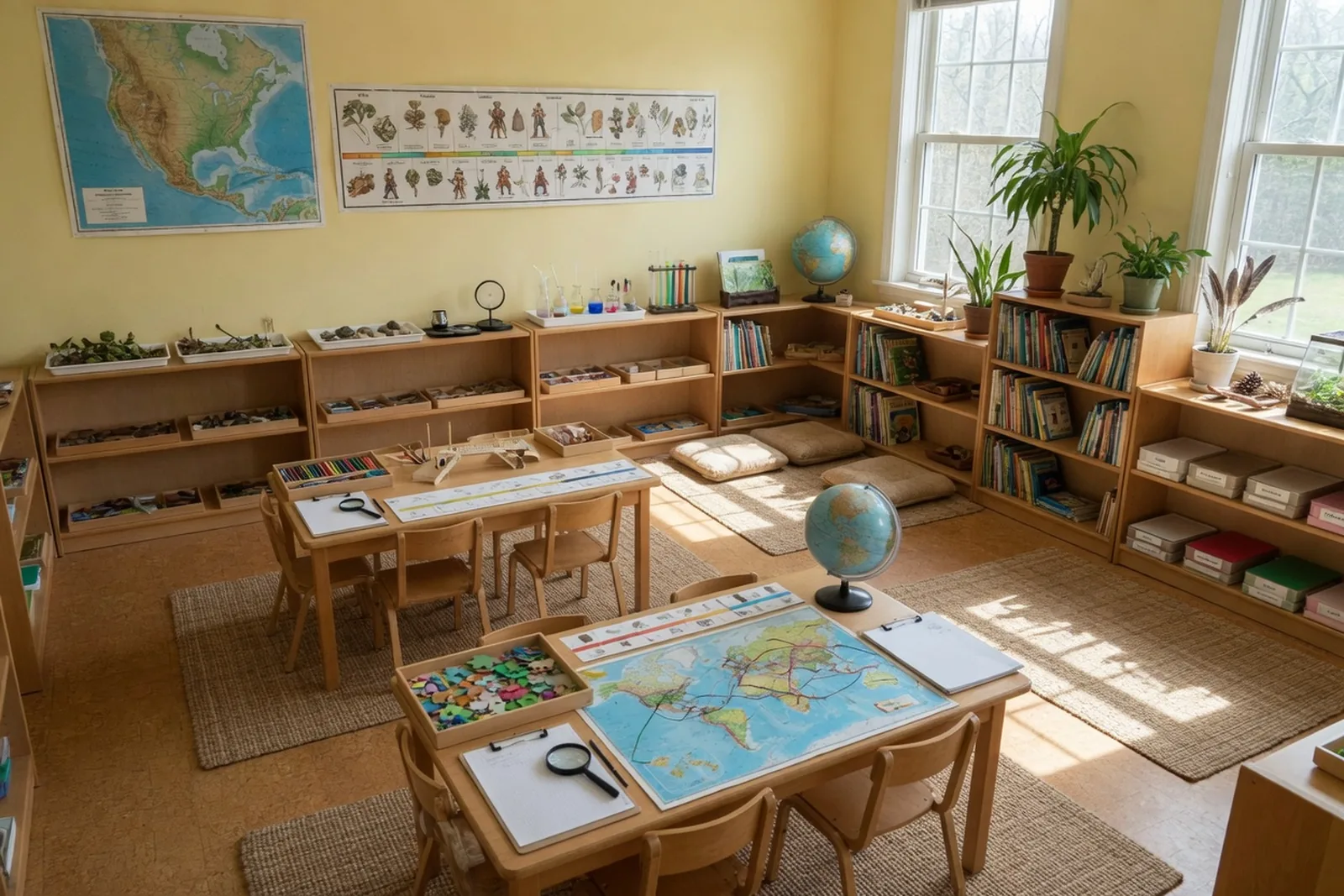 Elementary classroom with long work tables, timelines, and research materials on low wooden shelves