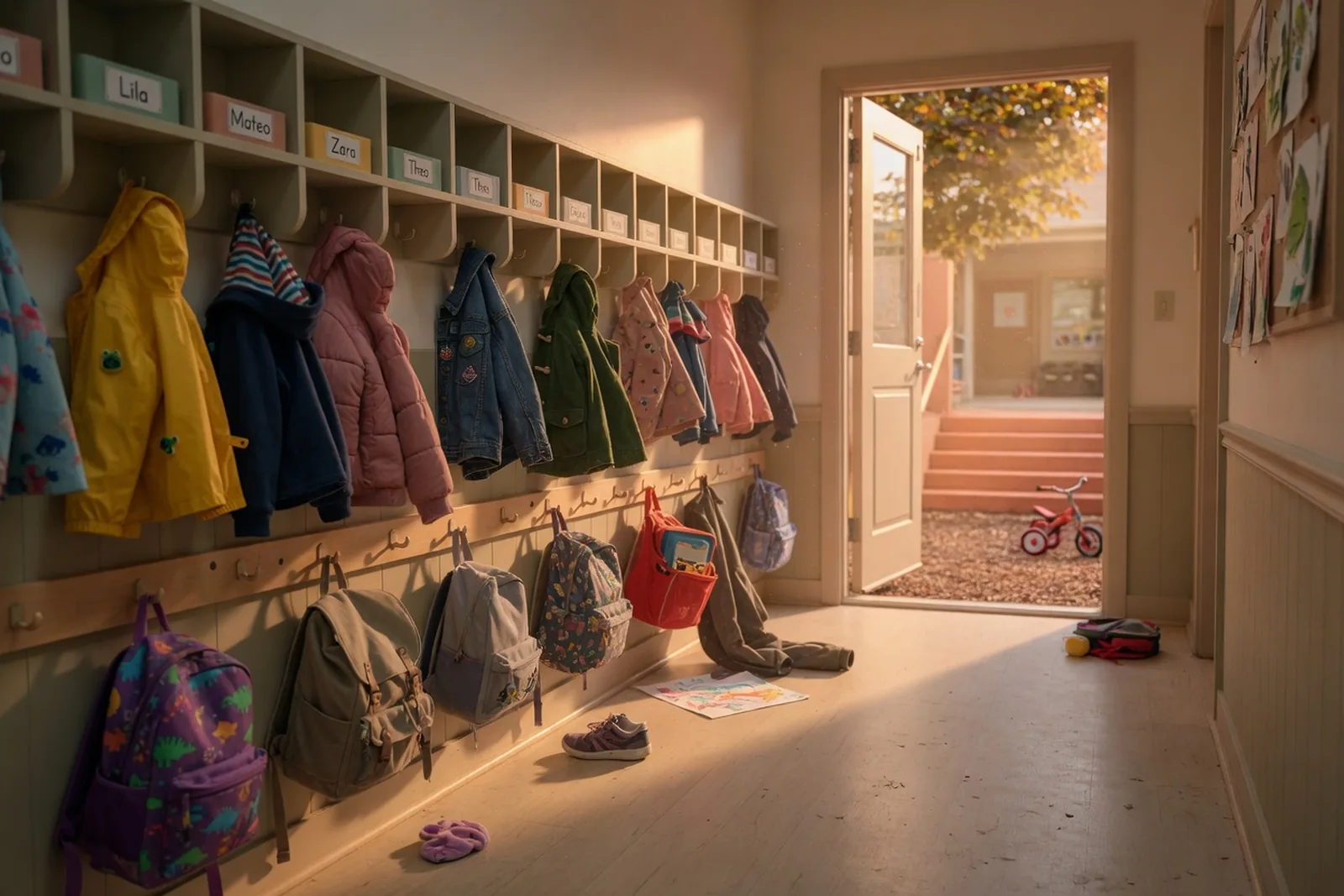 Backpacks and jackets lined up on hooks near the door at afternoon dismissal