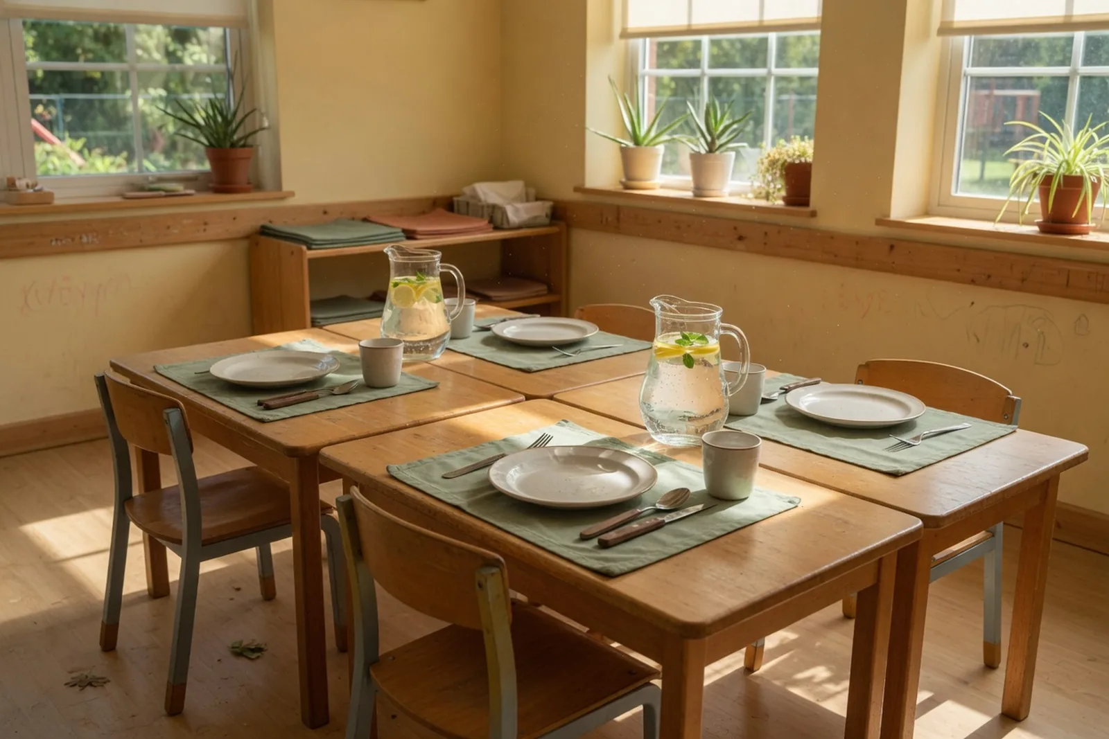 Small lunch tables set with plates, cups, and napkins in the classroom