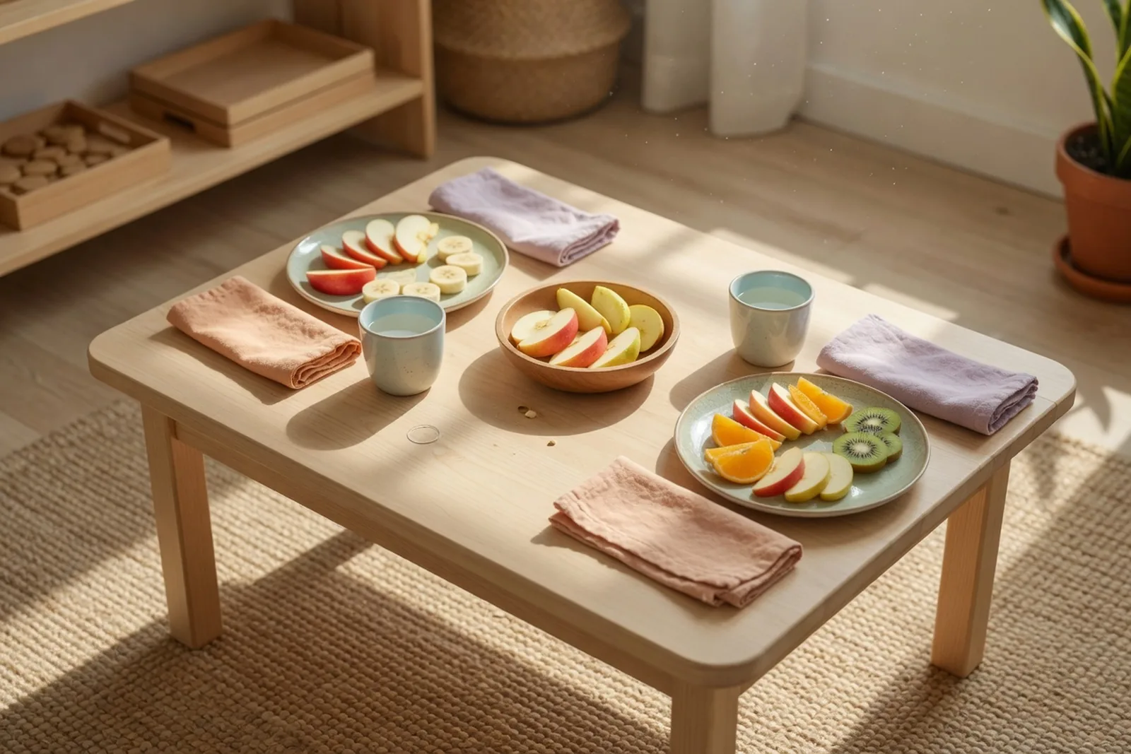 Small pitchers, cups, and plates set out on the toddler snack table