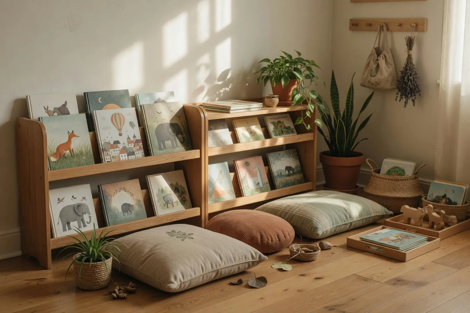 The classroom library corner with low shelves of early readers and a child-sized reading chair
