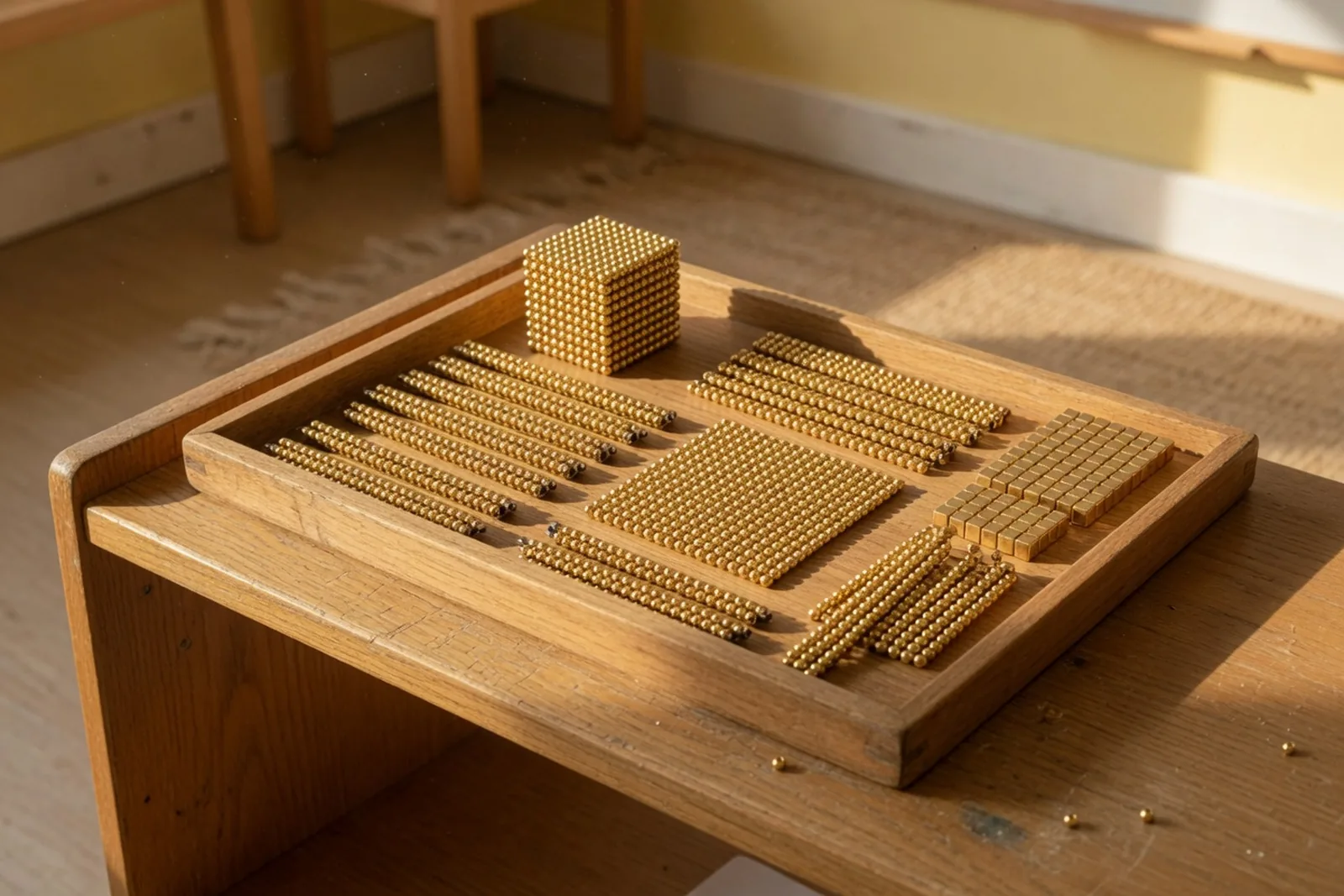Golden beads showing units, tens, hundreds, and thousands