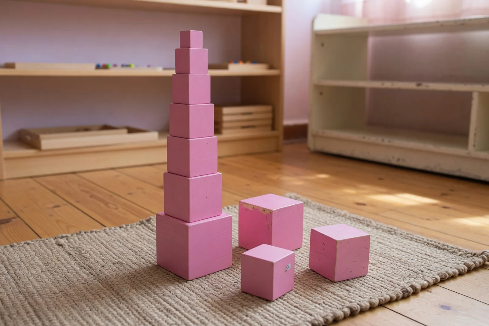 The pink tower, ten graduated cubes stacked largest to smallest