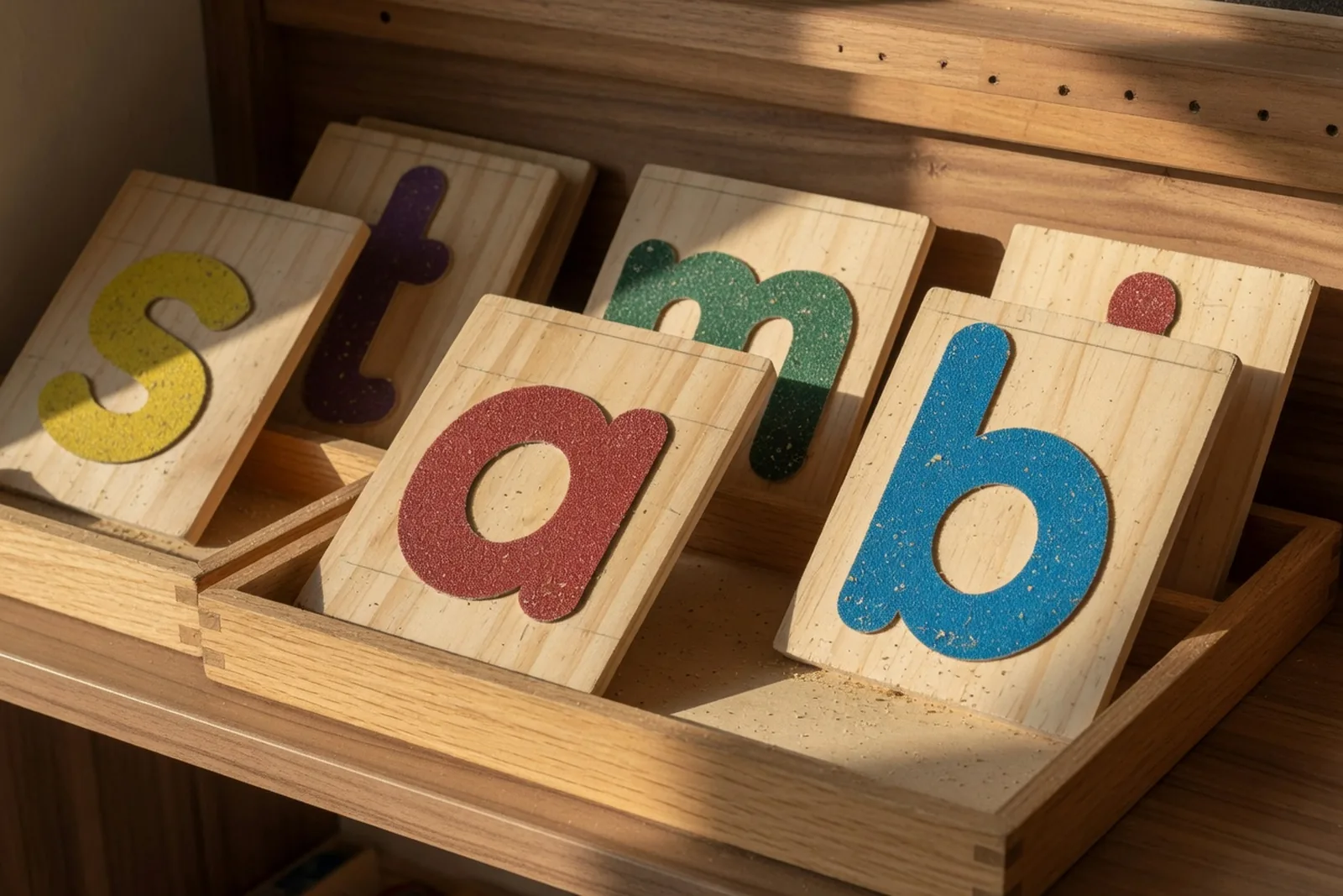 Sandpaper letters a child traces to feel each sound