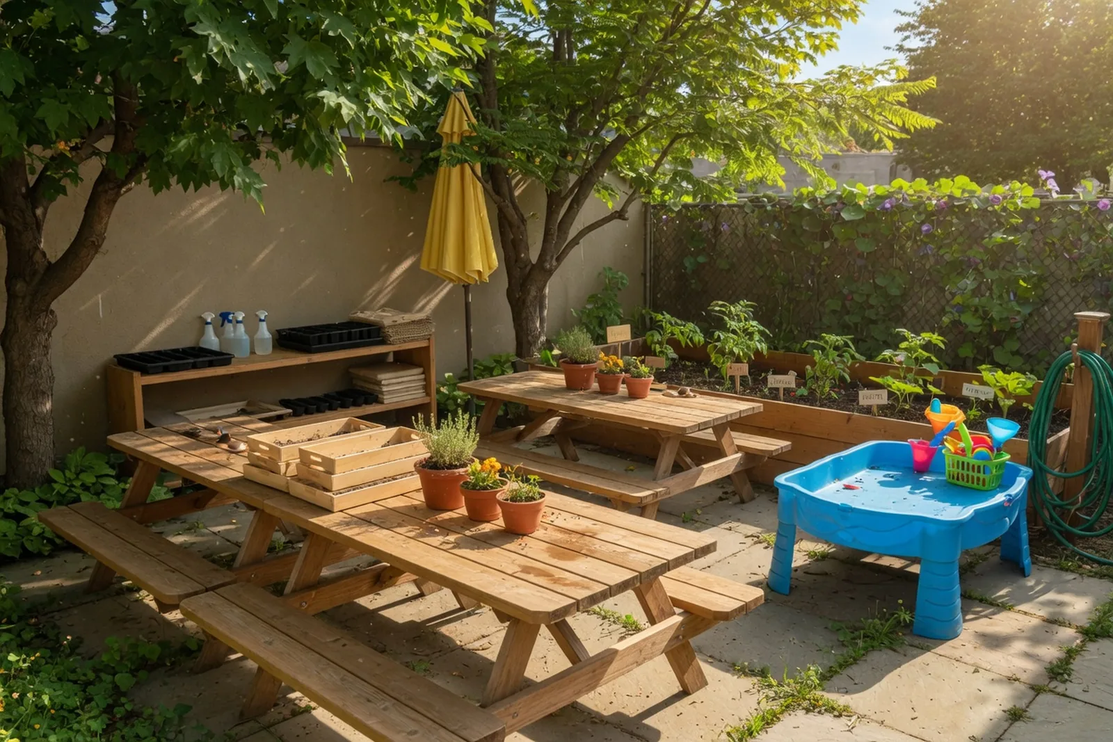 Children's garden beds and watering cans in the school courtyard