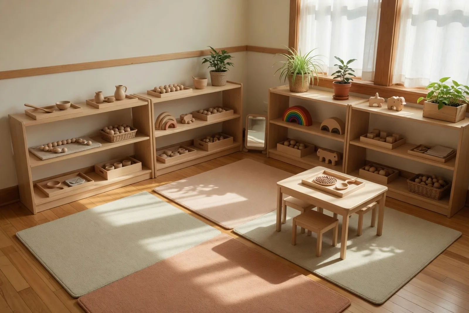 Low shelves with practical life materials in the toddler classroom